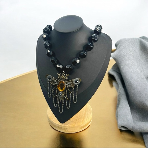 steampunk-themed insect pendant black beaded tie bib one of a kind necklace - Picture 3 of 7